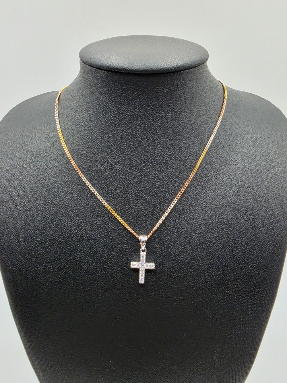 16 Inch Tri Gold W/Moissanite Cross Pendant